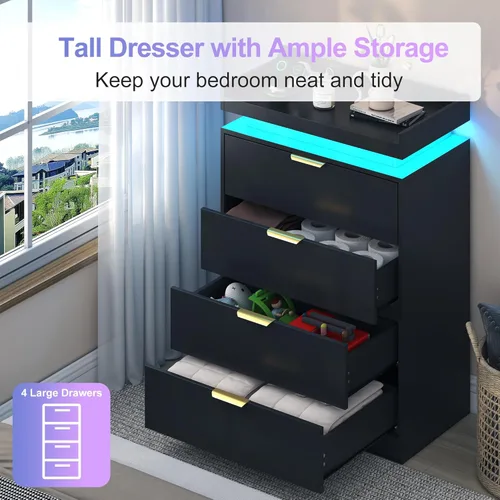 Vista 3 de UNIQUITE Cómoda negra con luces LED y toma de corriente, cómoda alta de madera con 4 cajones para dormitorio, cómoda moderna para dormitorio