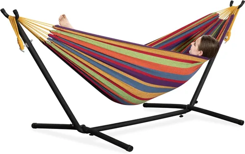 Vista 12 de PNAEUT - Hamaca resistente doble con soporte de acero, para 2 personas, ahorra espacio, para jardín, patio, exterior, capacidad de 450 libras