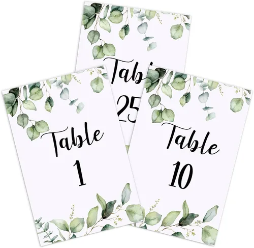 Zonon 26 Piezas Tarjetas de Números de Mesa de Boda 1-25 con Números de Mesa Principal Tarjetas de Doble Cara de Follaje de Eucalipto Centros de