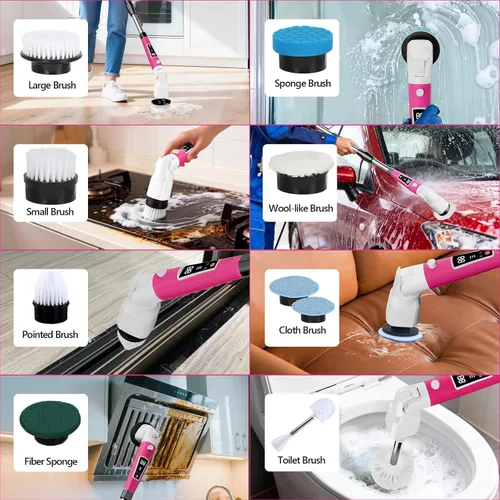 Vista 7 de Limpiador eléctrico giratorio, cepillo de limpieza de ángulo ajustable, limpiador de ducha impermeable IPX7 con 3 ajustes de velocidad, 9 cabezales