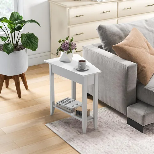 Vista 8 de GIANTEX Mesa auxiliar de cuña, mesa auxiliar triangular con estante de almacenamiento y patas de madera maciza, mesa reclinable, mesita de noche