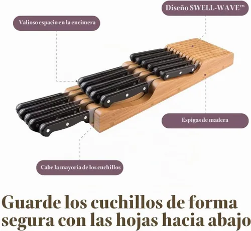 Vista 3 de Bellemain organizador de cuchillos para cajón 100% puro bambú Fits most standard kitchen drawers, allowing the in drawer knife block to free