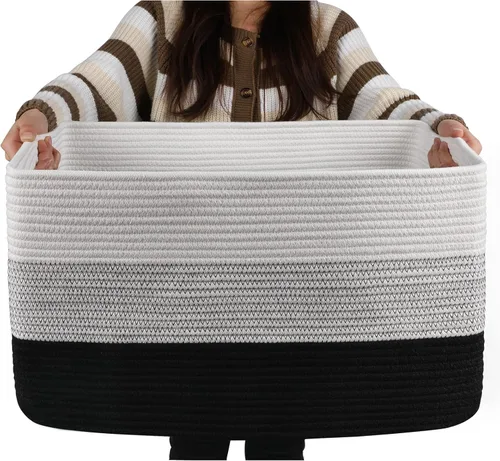 OIAHOMY - Cesta grande para mantas, cestas tejidas rectangulares con asas, almacenamiento para guardería y sala de estar, almacenamiento de Negro