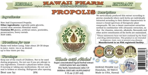 Vista 2 de Hawaii Pharm Extracto líquido sin alcohol de propóleo, suplemento herbario natural de glicerita de propóleo crudo, EE. UU. 2 onzas líquidas