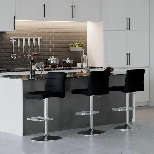 Vista 27 de Zuri Muebles Taburete de bar moderno de altura ajustable gris exuberante con base plana redonda cepillada