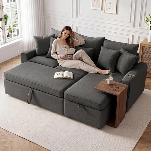 Vista 3 de HIPIHOM 83'' L Shaped Sleeper Sofa Bed, Storage Chaise with Cup Holder Dark Grey