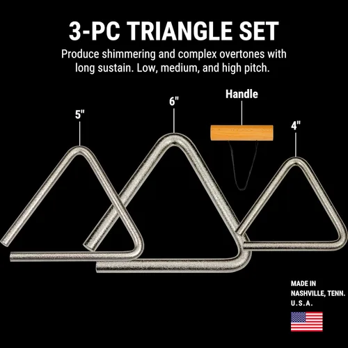 Vista 2 de Juego de 3 batidores triangulares, fabricados en Estados Unidos, instrumento de percusión de acero inoxidable con peso variable, grosor