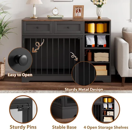 Vista 4 de Muebles de jaula para perros de 47 pulgadas, soporte de TV de jaula para perros grandes con 2 cajones y 4 estantes, perrera de madera