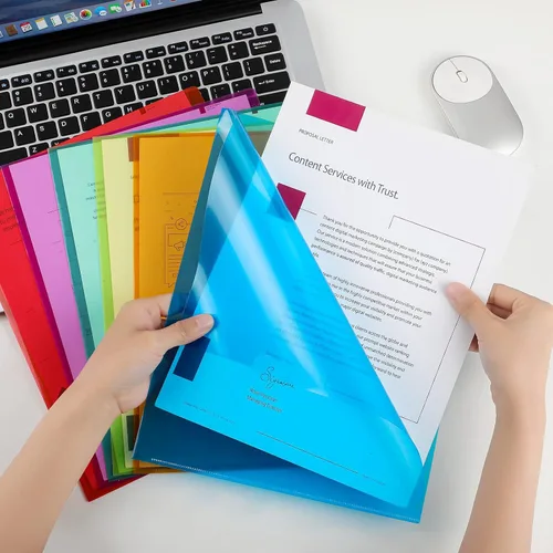 Vista 9 de KTRIO Paquete de 12 fundas de plástico transparente para carpetas, 6 colores surtidos, bolsillos para proyectos de documentos para papel