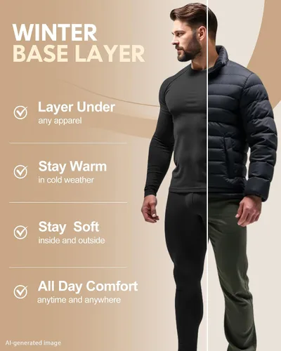 Vista 4 de Ropa interior térmica para hombre, conjuntos largos de ropa interior para A#2 Negro/Camo Negro