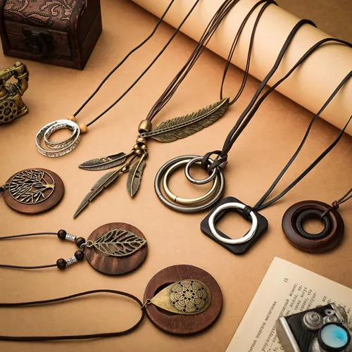 Vista 7 de 8 collares largos bohemios para mujer, collares de madera vintage, hechos a mano, hippie, de piel sintética, suéter, joyería