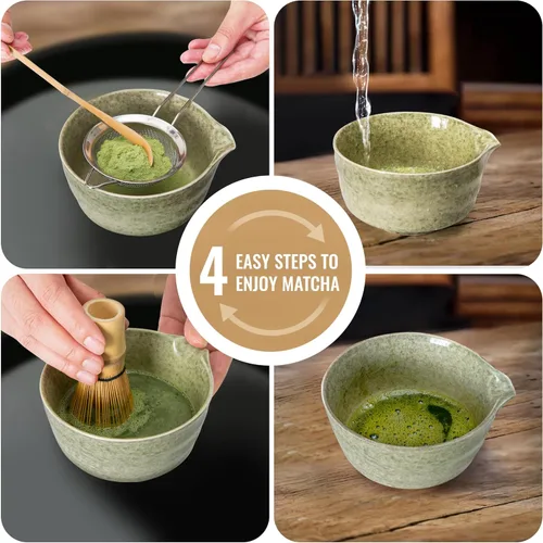 Vista 7 de Juego de batidor de matcha, kit para hacer matcha con batidor (soporte Chasen), soporte de batidor de cerámica (negro), pala de bambú, tamizador