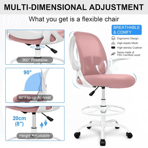Vista 5 de Primy Silla de Dibujo Técnico Silla de Oficina Alta con Reposabrazos Abatibles Silla Ejecutiva Ergonómica de Computadora para Escritorio de Pie