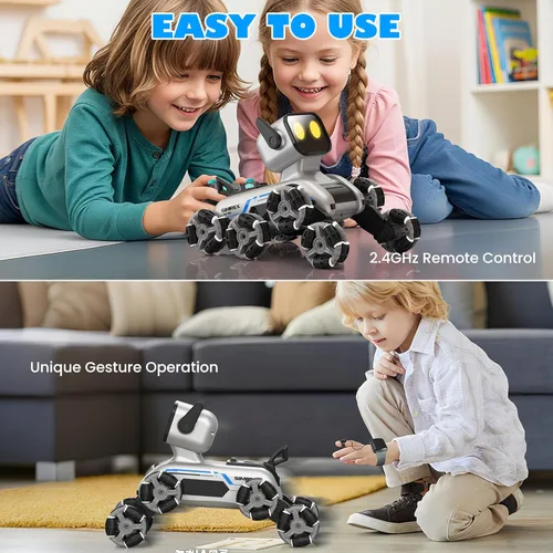 Vista 5 de SIMREX Robot Perro RC Coche de Acrobacias Juguetes - Coche de control remoto con detección de gestos con ruedas Mecanum, ojos LED, 3 efectos