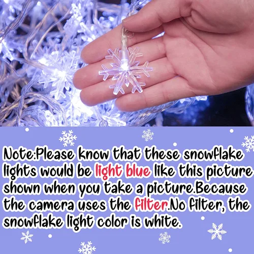 Vista 9 de 2 piezas de 100 luces LED de copo de nieve para colgar decoraciones, Decoración iluminada de invierno para vacaciones, Navidad, suministros