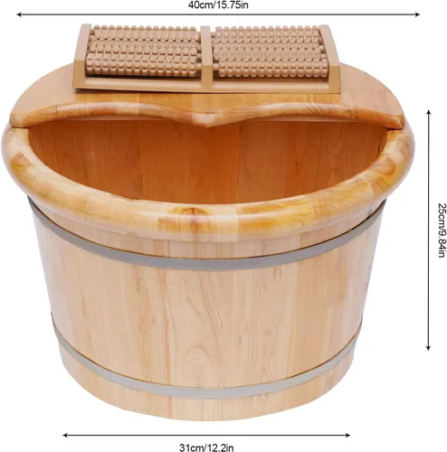 Vista 2 de AngelcityCC Tina de pie de madera con masajeador y tapa, juego de lavabo de madera maciza hecho a mano para remojar los pies, cuidado del spa