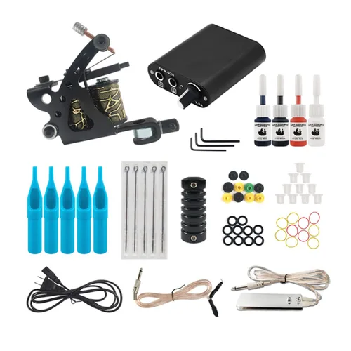 Kit de máquina de tatuaje de bobina: juego de máquina individual con fuente de alimentación, pedal de pie, cartuchos, puntas, agarre, colores y