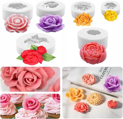 Vista 4 de Molde de resina para velas de flores, molde de silicona para hacer velas, 6 piezas de peonía de rosa 3D, San Valentín, día de la madre, molde