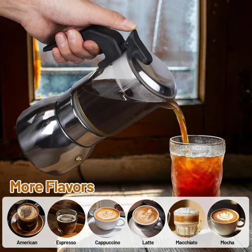 Vista 7 de Cafetera de 4 tazas de vidrio transparente, olla de moka de acero inoxidable 304 espesado para estufa, máquina de café italiana, cafetera Greca