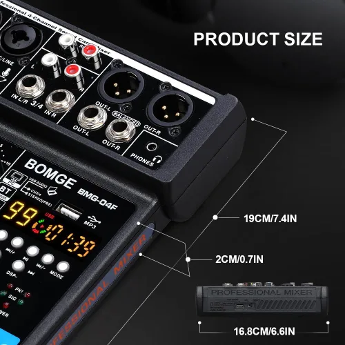 Vista 7 de BOMGE Interfaz de mezclador de sonido de audio mini DJ de 4 canales con MP3, USB, Bluetooth, grabación estéreo, alimentación fantasma de 48 V, 99