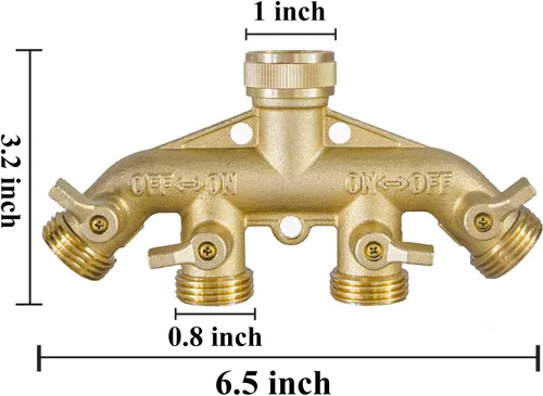 Vista 2 de Hourleey Divisor de manguera de jardín de latón (4 vías), conector de manguera de latón sólido de 3/4", adaptador de grifo de manguera de 4 válvulas