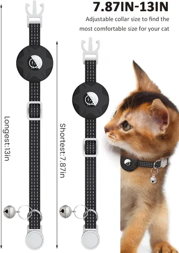 Vista 2 de Apple AirTag - Collar para gatos, rastreador GPS con función separable y campana, ligero para gatos y gatitos (negro)