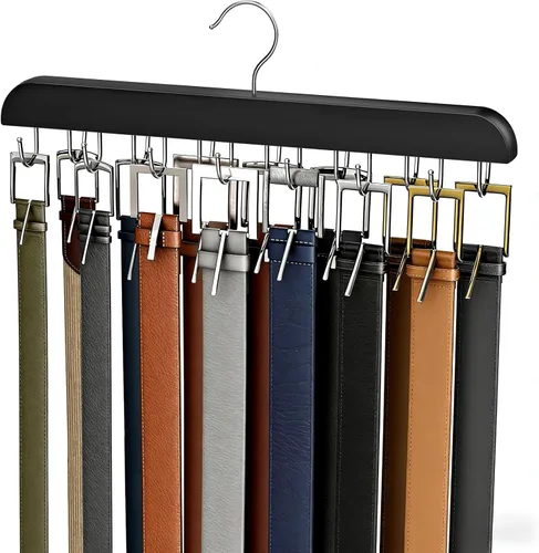 Percha de cinturón para armario Max 42 cinturones, accesorios de armario de madera resistente con 14 ganchos, organizador de cinturón para