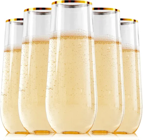 Vista 8 de FOCUSLINE Paquete de 24 Copas de Champán de Plástico Transparente de 9 Oz, Copas de Champán de Plástico Sin Tallo Transparentes, Vasos para Brindis