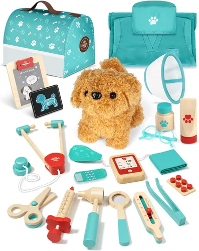 Kit de médico de madera Lehoo Castle para niños, juegos de veterinario, kit de veterinario de juego de simulación con bolsa para perros, juguetes