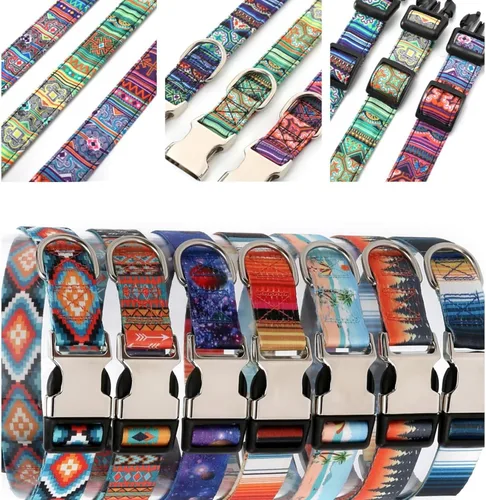 Vista 3 de Collar de perro personalizado con hebilla de metal de identificación grabada, collar floral personalizado para perros pequeños, medianos y grandes.