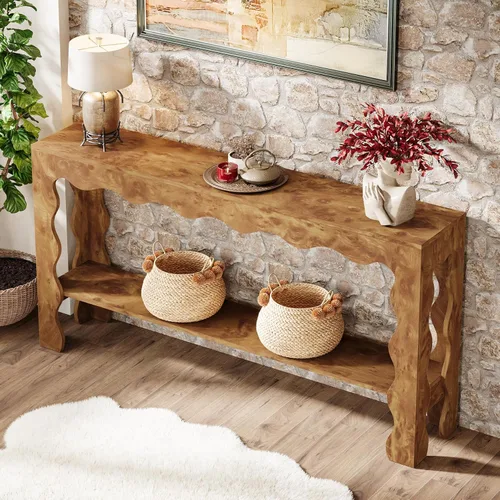 Vista 8 de Tribesigns - Mesa de entrada de 63 pulgadas, mesa moderna rústica con borde festoneado y estante de almacenamiento, mesa estrecha y larga de acento