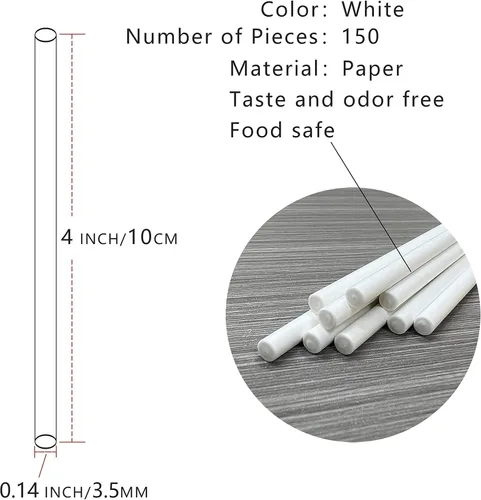 Vista 2 de 150 unidades de palos de piruleta de papel blanco de 4 pulgadas, palos para pastel pop, palos de chupete para galletas, caramelo arcoíris