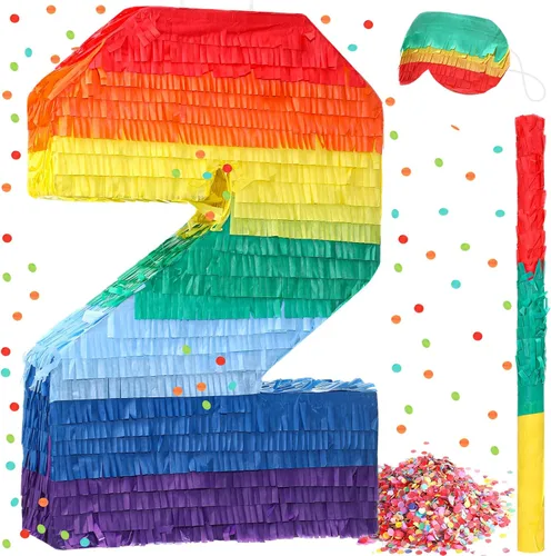 Vista 12 de Sratte Piñata de números arcoíris, piñata multicolor, pequeña fiesta de cumpleaños con palo y confeti para cumpleaños, aniversario, fiesta de Cinco