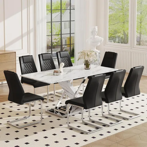 Vista 11 de Juego de mesa de comedor de mármol para mesa rectangular blanca de 4.63 pulgadas con marco de metal plateado en forma de X y 4 sillas de comedor