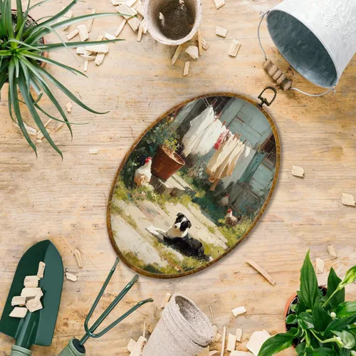 Vista 6 de Hiuwevt Decoración de pared ovalada rústica para el día de la lavandería, impresiones de lienzo retro con marco de perro de campo, decoración