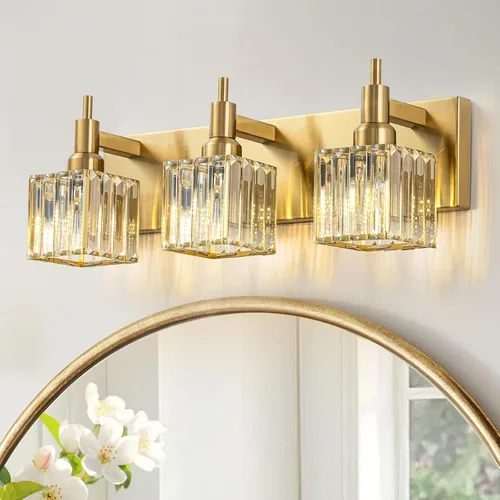 Vista 9 de Modernas luces de cristal para tocador de baño, 3 luces doradas, lámparas de baño sobre espejo, iluminación de pared de cristal con acabado de latón
