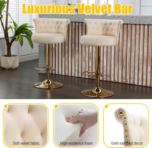 Vista 9 de Juego de 2 taburetes de bar giratorios de terciopelo de 360°, butacas ajustables para barra de cocina con respaldo de clavos, base dorada