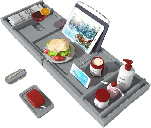 Vista 8 de Bandeja de baño para tina, bandeja organizadora ajustable de bambú con jabonera, ideal para spa de lujo o lectura (negro)