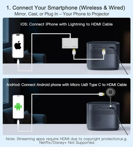 Vista 4 de Miroir Mini proyector, proyector HD para el hogar con altavoz incorporado, enfoque automático, corrección trapezoidal, portátil para películas al