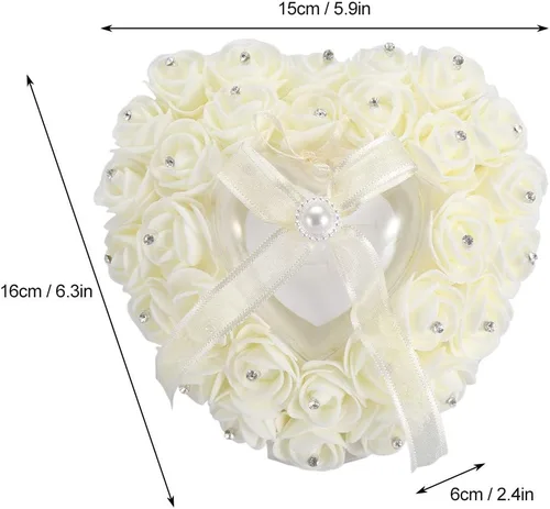 Vista 5 de GOTOTOP Almohada de boda, romántica de encaje de cristal rosa de boda en forma de corazón, cojín con cinta perla ceremonia de boda (blanco lechoso)