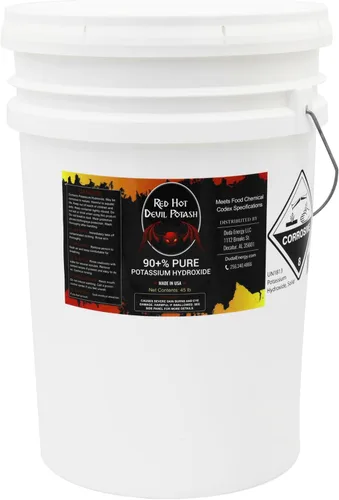 Hidróxido de potasio en cubo de 45 libras, material de importación, copos de potasa cáustica de diablo rojo vivo de alto grado