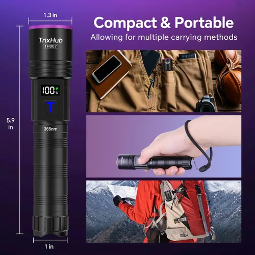 Vista 8 de Linterna de luz negra de 365 nm, linterna UV recargable con pantalla LCD, potentes luces ultravioleta para detección de orina de mascotas, curado