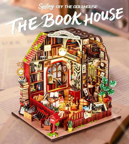 Vista 4 de Spilay Kit de muebles de madera para casa de muñecas en miniatura, de bricolaje, modelo mini hecho a mano con cubierta de polvo y caja de música