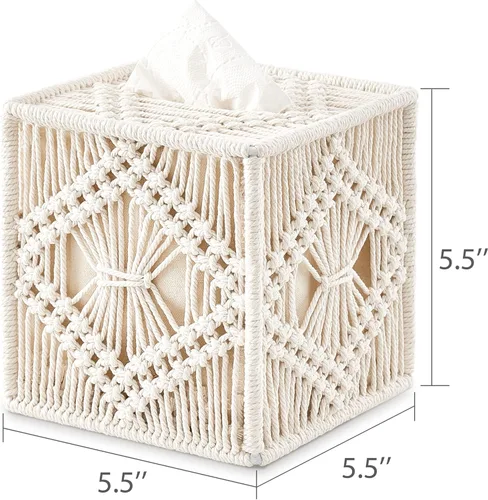 Vista 7 de Mkono Soporte para brochas de maquillaje de macramé y cubierta de caja de pañuelos, decoración bohemia para baño, dormitorio, tocador, sala