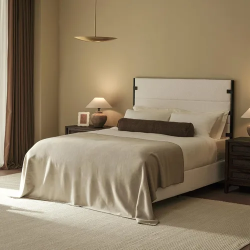 Vista 7 de RECCI Base de cama tapizada tamaño King con cabecero alto con cinturón Crema Boucle