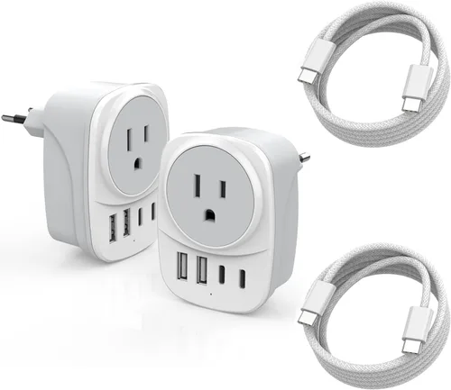 Adaptador de enchufe de viaje europeo, adaptador de corriente internacional de viaje universal, 2 puertos USBC y 2 puertos USBA, cable tejido USB