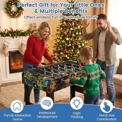 Vista 2 de GYMAX Mesa de futbolín, juego de mesa de fútbol de 37 pulgadas con 2 bolas, anotadores manuales, construcción de MDF resistente para sala