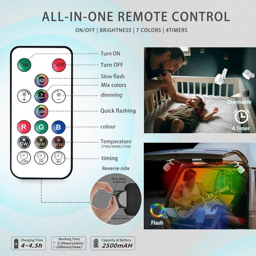 Vista 5 de Adetu LED Wall Mounted Lights, Rechargeable Wall Sconces Lamp, 3 Color Temperatures & Remote, Magnetic Clamp Light 360° Rotation Dimmable Cordless