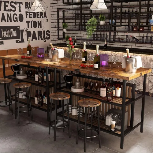 Vista 8 de Recaceik Juego de pub de 3 piezas, 2 taburetes de bar rectangulares, juego de 2 mesas de comedor de madera, mesa moderna de altura de mostrador