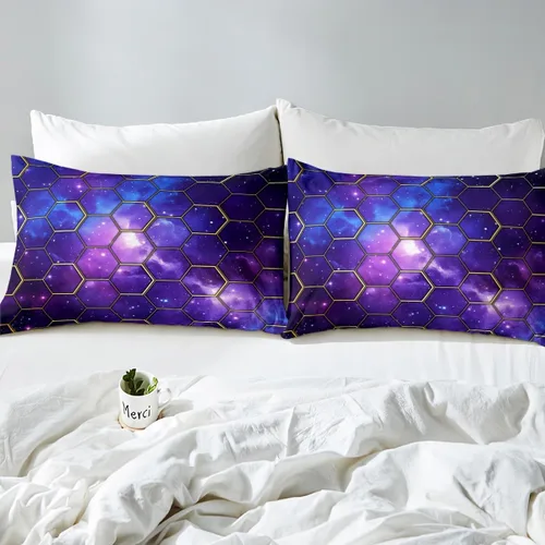 Vista 4 de Manfei Juego de sábanas bajeras de panal de galaxia, tamaño individual, 2 piezas, estampado geométrico hexagonal, funda de cama de cielo estrellado